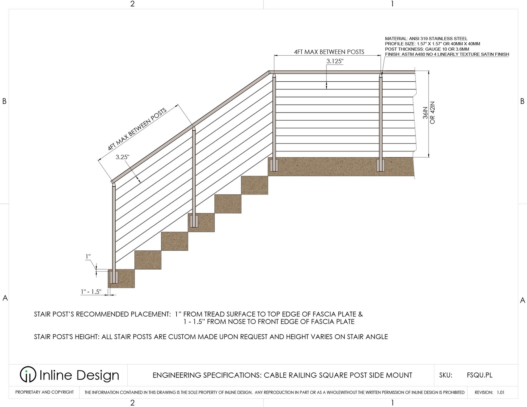 Cable Railing Square Stainless Steel 316 Fascia Mount Post – Inline Design
