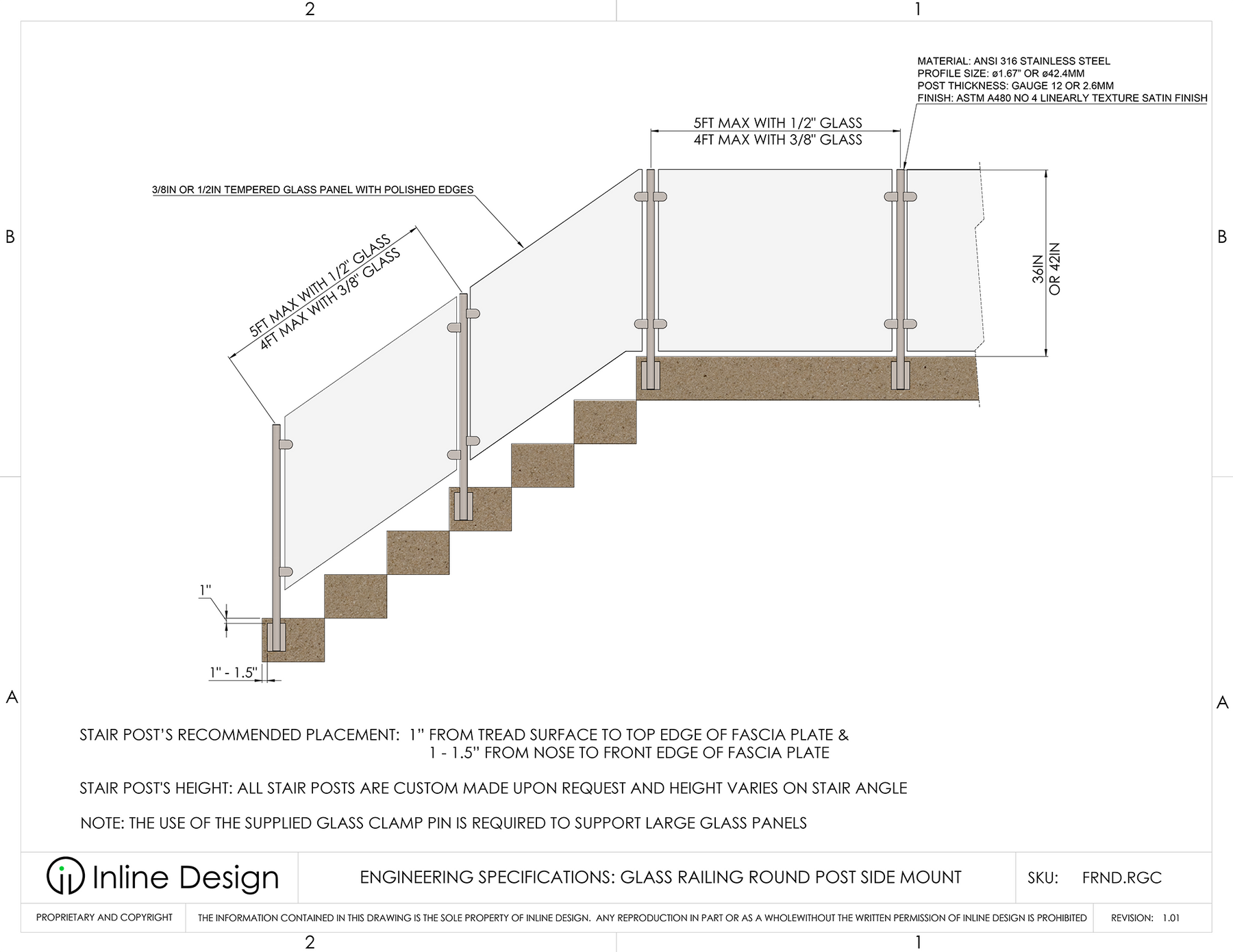 Bridge Railing Dimensions Glass Railing Round Fascia Mount Post – Inline Design