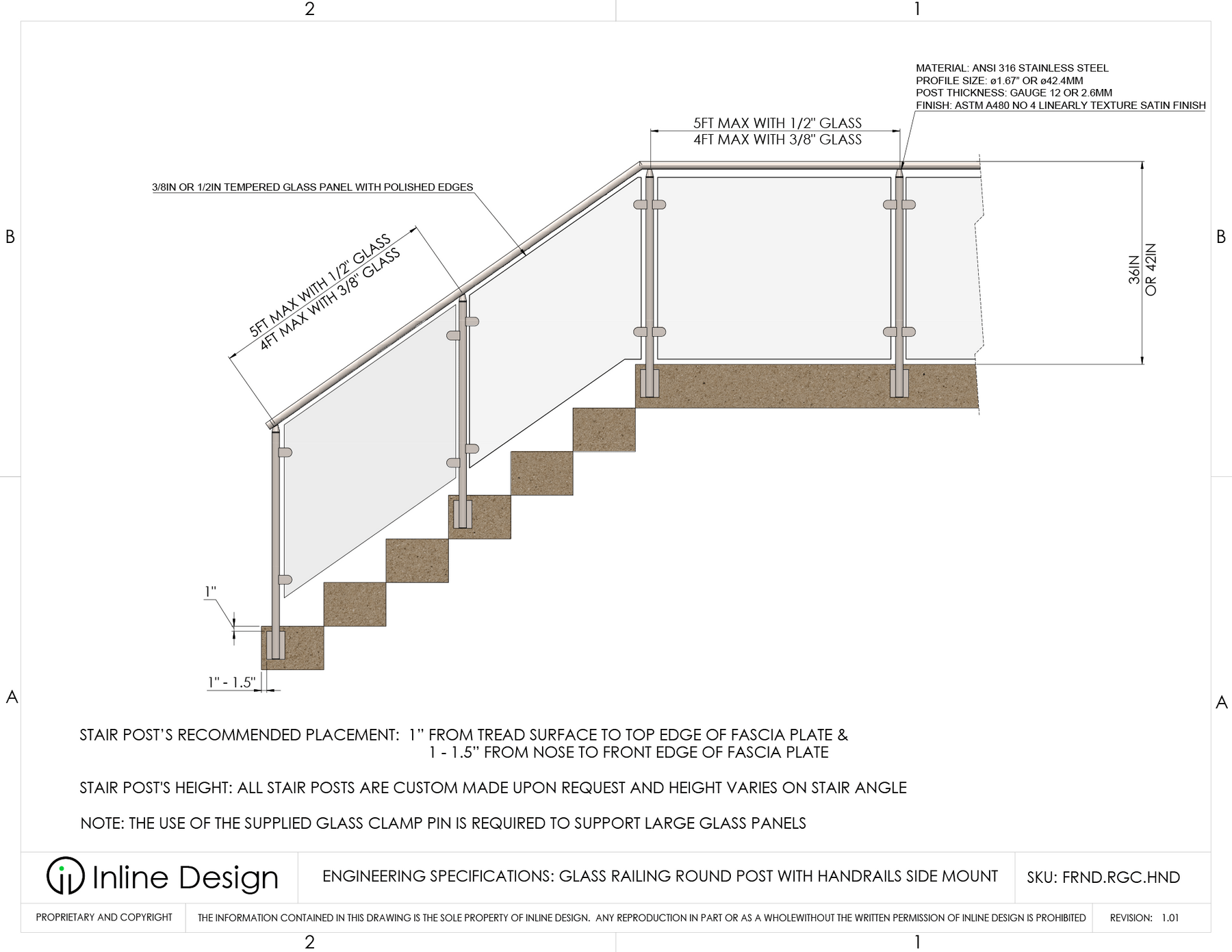 Glass Railing Round Fascia Mount Post with Handrail Bracket – Inline Design
