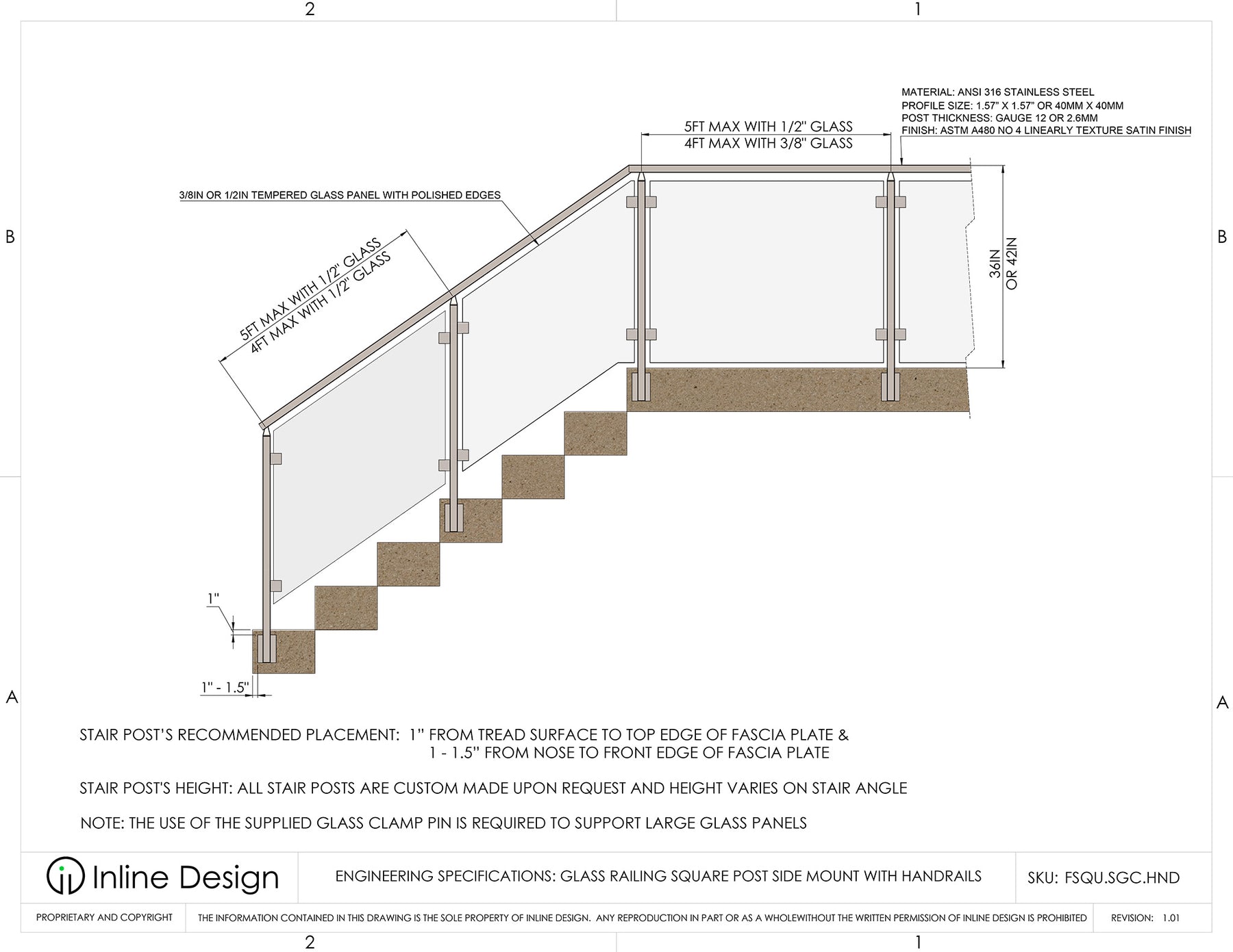 Square Railing Drawing Glass Railing Square Fascia Mount Post with Handrail Bracket – Inline ...